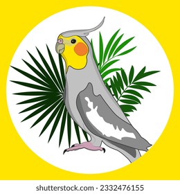 Vector stylish illustration of a cockatiel parrot with leaves  for the design of holiday and thematic cards, prints on clothes, feed, pet stores