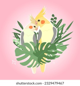 Vector stylish illustration of a couple of cockatiels parrots in love with monstera leaves on a pink background for the design of holiday and thematic cards, prints on clothes, feed, pet stores