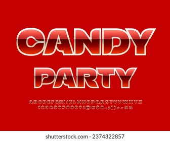 Vector stylish invitation Candy Party. Elegant Red Font. Glossy Alphabet Letters and Numbers set