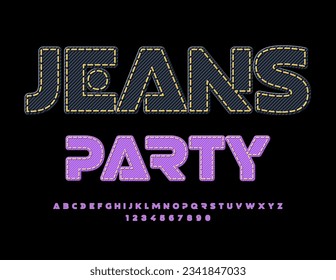 Vector stylish invitation Jeans Party. Trendy denim Font. Violet textile Alphabet Letters and Numbers set