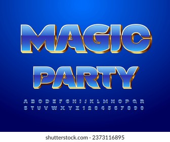 Vector stylish invitation Magic Party. Chic Blue Font. Modern 3D Alphabet Letter and Numbers