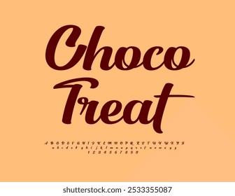 Vector con estilo de la etiqueta Choco Treat. Fuente caligráfica brillante. Conjunto de letras y números de alfabeto hermoso