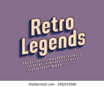 Vector stylish Label Retro Legends with bright Font. 3D Vintage Alphabet Letters, Numbers and Symbols