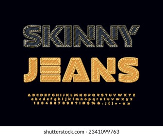 Vector stylish label Skinny Jeans. Futuristic style Font. Trendy Alphabet Letters and Numbers 