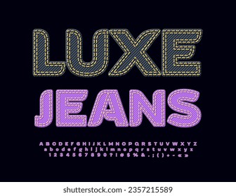 Vector stylish lable Luxe Jeans. Denim style Font. Modern Elegant Alphabet Letters, Numbers and Symbols