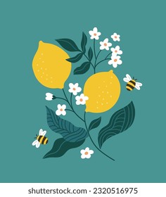 Vector stylish lemon branch isolated. Fruit card design. Blooming Lemon backround. Hand-drawn citrus fruit  illustration. Lemons, flowers and bees.