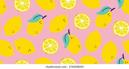 Vector stylish lemons fruits seamless pattern in hand drawn scandinavian style on pink background. Summer design. Stylish kitchen citruses. Juicy citrus summer pattern