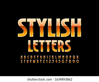 Vektorstylische Buchstaben und Zahlen. Gold und Orange glänzende Schriftart. Luxuriöses elegantes Alphabet