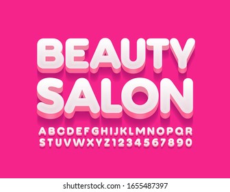 Vector stylish logo Beauty Salon. Cute 3D Font. White Alphabet Letters and Numbers.