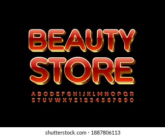Vector stylish logo Beauty Store. 3D Red and Gold Font. Glamour Alphabet Letters and Numbers set