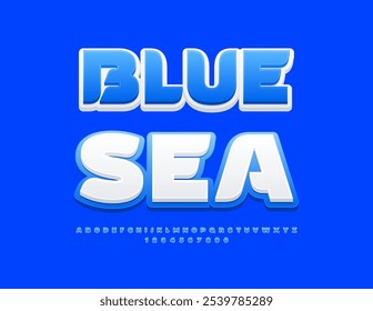 Vector stylish logo Blue Sea. Bright Blue and White Font. Modern Elegant Alphabet Letters and Numbers set.