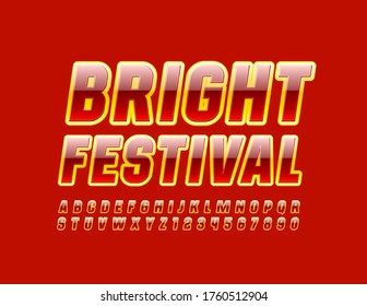 Vector stylish logo Bright Festival. Bright Colorful Font. Glossy Alphabet Letters and Numbers.