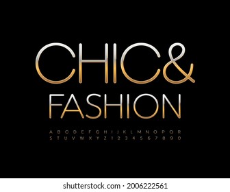 Vector stylish logo Chic and Fashion. Gold Alphabet Letters and Numbers set. Elegant metallic Font