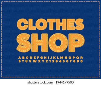 Tienda de ropa con un logotipo elegante para vectores. Denim Font amarilla. Juego de letras y números de alfabeto de tejidos jeans