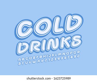 Vector stylish logo Cold Drinks. Handwritten creative Font. Blue Alphabet Letters and Numbers.