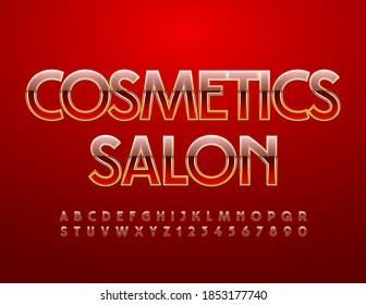 Logotipo vectorial elegante Salón cosmético. Fuente única roja y dorada. Letras y números de alfabeto de lujo en mayúsculas