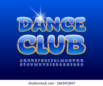 Vector stylish logo Dance Club. Blue and Gold elite Font. Shiny Luxury Alphabet Letters and Numbers set
