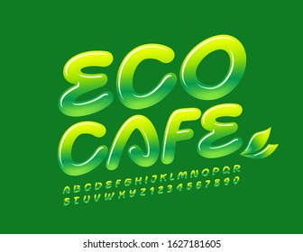 Vector stylish logo Eco Cafe. Bright Glossy Font. Creative Alphabet Letters and Numbers.