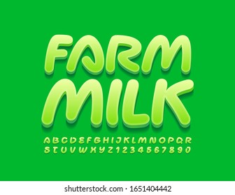 Vector stylish logo Farm Milk with Green Alphabet Letters and Numbers. Bright Handwritten 3D Font.