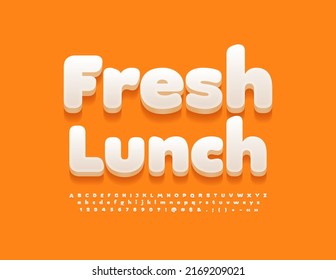 Vector stylish logo Fresh Lunch.  White 3D Font. Creative Alphabet Letters and Numbers