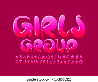 Vector stylish logo Girls Studio. Playful Pink Font. Glossy Alphabet Letters and Numbers