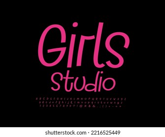Vector stylish logo Girls Studio with Slim handwritten Font. Elegant Pink Alphabet Letters, Numbers and Symbols