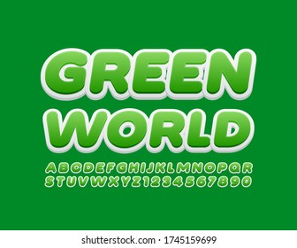 Vector Stylish Logo Green World. Bright 3D Font. Cute Alphabet Letters And Numbers