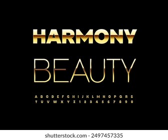 Vector stylish logo Harmony Beauty. Trendy Golden Font. Elegant Alphabet Letters and Numbers set.