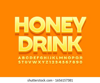 Vektorillustration-Logo Honey Drink. Sonne 3D-Schrift. gelbe Alphabet-Buchstaben und -Zahlen