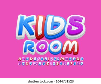 Vector stylish logo Kids Room. Bright Colorful Font. Handwritten Alphabet Letters and Numbers for Children.