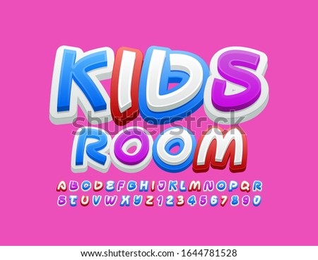 Vector stylish logo Kids Room. Bright Colorful Font. Handwritten Alphabet Letters and Numbers for Children.
