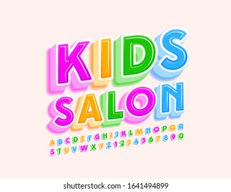 Vector stylish logo Kids Salon. Colorful 3D Font. Bright Alphabet Letters and Numbers.