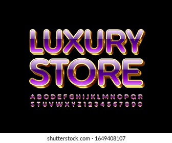 Vector stylish logo Luxury Store. Chic Golden and Violet Font. Luxury Alphabet Letters and Numbers.