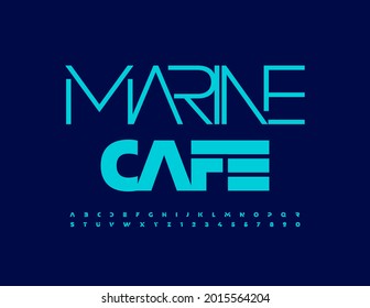 Logo de diseño vectorial Marine Cafe. Fuente azul elegante. Conjunto de letras y números de alfabeto moderno de estilo moderno