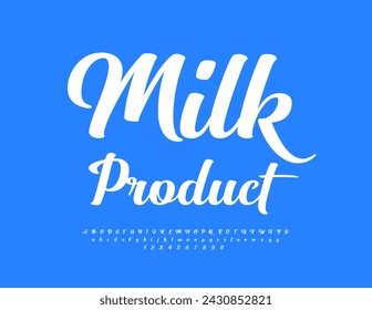 Vector elegante logotipo Producto de leche. Fuente cursiva de moda. Letras y números del alfabeto blanco moderno.