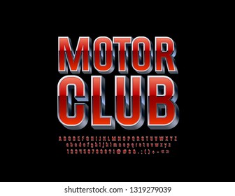 Vector stylish logo Motor Club with isometric Font. Red and Silver Alphabet Letters