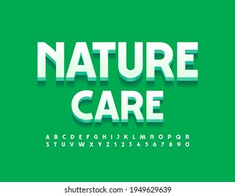 Vector Stylish Logo Nature Care With 3D Alphabet Letters And Numbers Set. Elegant Style Font