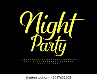 Vector stylish logo Night Party. Bright Cursive Font. Creative set of Alphabet Letters and Numbers.