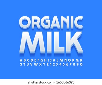 Vector stylish logo Organic Milk. Modern 3D Font. White Alphabet Letters and Numbers.