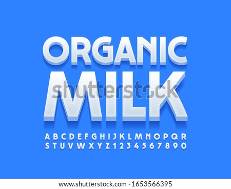 Vector stylish logo Organic Milk. Modern 3D Font. White Alphabet Letters and Numbers.