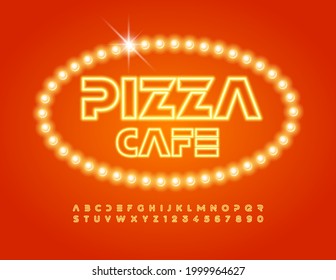Vector stylish logo Pizza Cafe. Set of Yellow Neon Alphabet Letters and Numbers. Glowing light Font