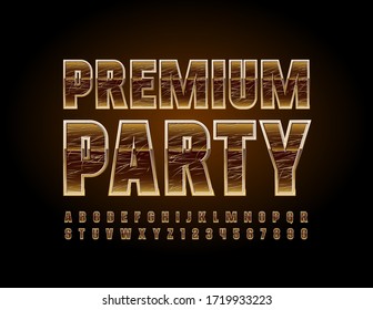 Vector stylish logo Premium Party. Unique Golden Font. Scratched luxury Alphabet Letters and Numbers