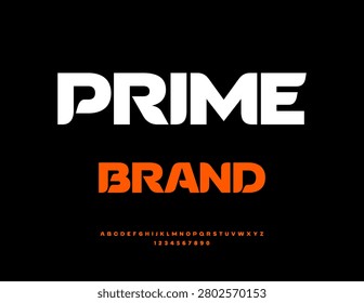 Vector Stylish logo Prime Brand. Amazing Font for Digital Branding and Logo Design. Typography Minimalist Alphabet Letters and Numbers set.