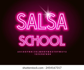 Vector stylish logo Salsa School. Pink Neon Alphabet Letters and Numbers set. Elegant illuminated Font