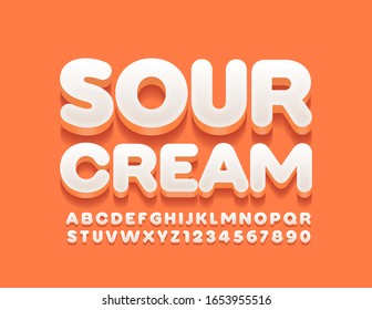 Vector stylish logo Sour Cream. Cute 3D  Font. White Uppercase Alphabet Letters and Numbers.