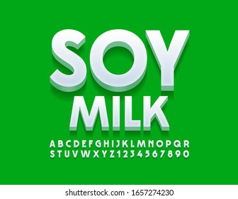 Vector stylish logo Soy Milk. White 3D Font. Modern Alphabet Letters and Numbers.