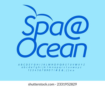 Vector stylish logo Spa and Ocean with decorative bird. Blue elegant Font. Minimalistic Alphabet Letters, Numbers and Symbols set