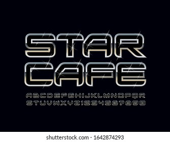 Vector stylish logo Star Cafe. Chrome sparkling Font. Silver Alphabet Letters and Numbers