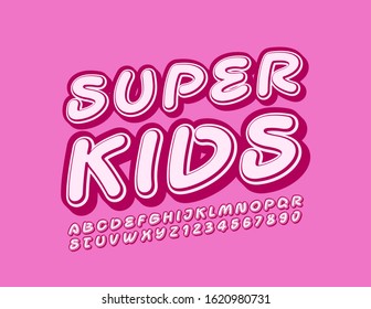 Vector stylish logo Super Kids with pink Font. Bright Alphabet set.