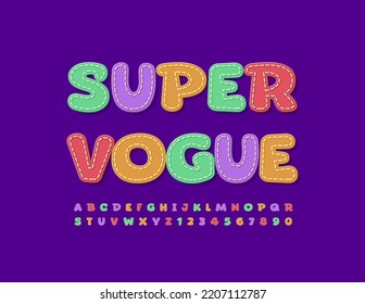 Vector stylish logo Super Vogue. Creative denim Font. Trendy style Alphabet Letters and Numbers set